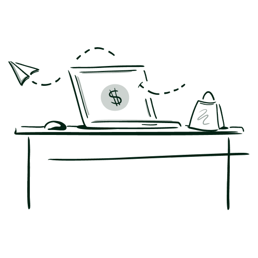 Illustration of money flowing through the computer