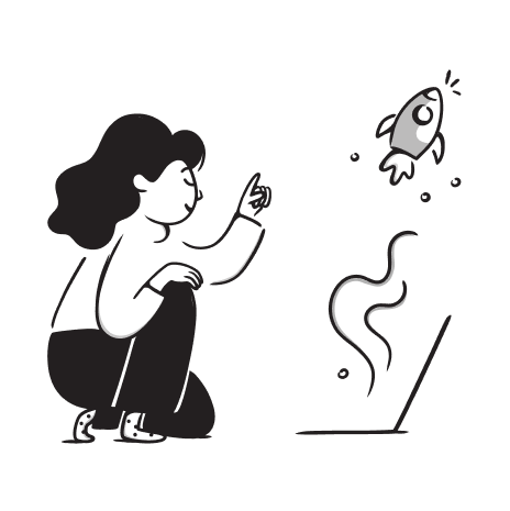 Illustration of a girl launching a rocket from a computer