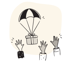 Illustration of a gift on parachute with hands trying to reach it