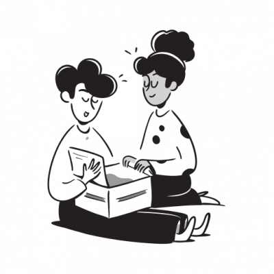 Illustration of two people unboxing a product